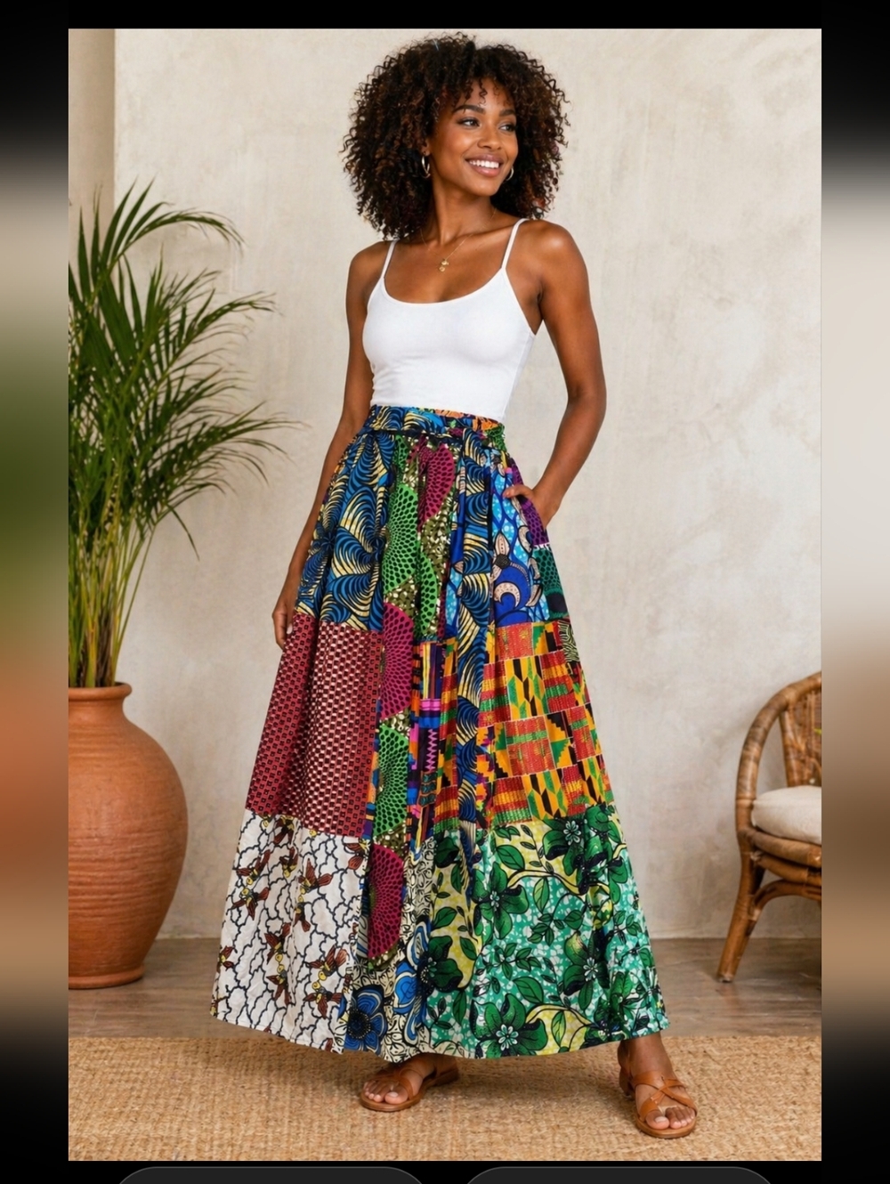 Shenbolen Medium African Ankara Patchwork Maxi Skirt Boho High Elastic Waist